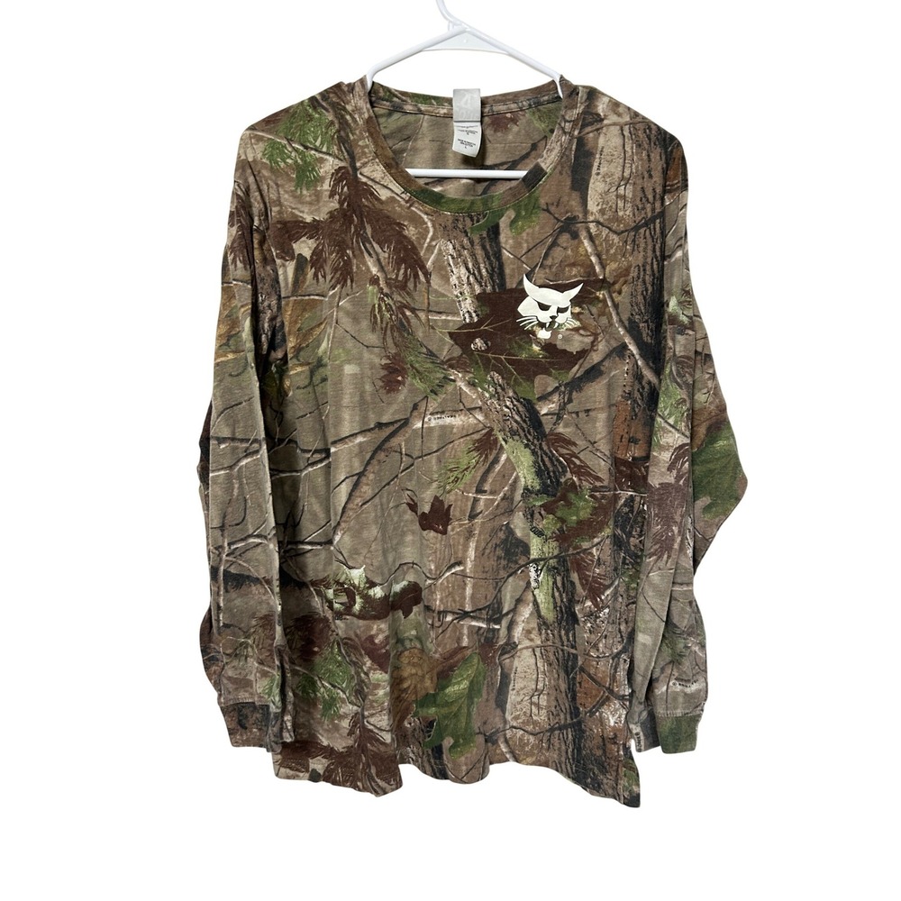 Vintage Y2K Mens Realtree Camo Long Sleeve T-Shirt Bobcat Graphic Large Cotton